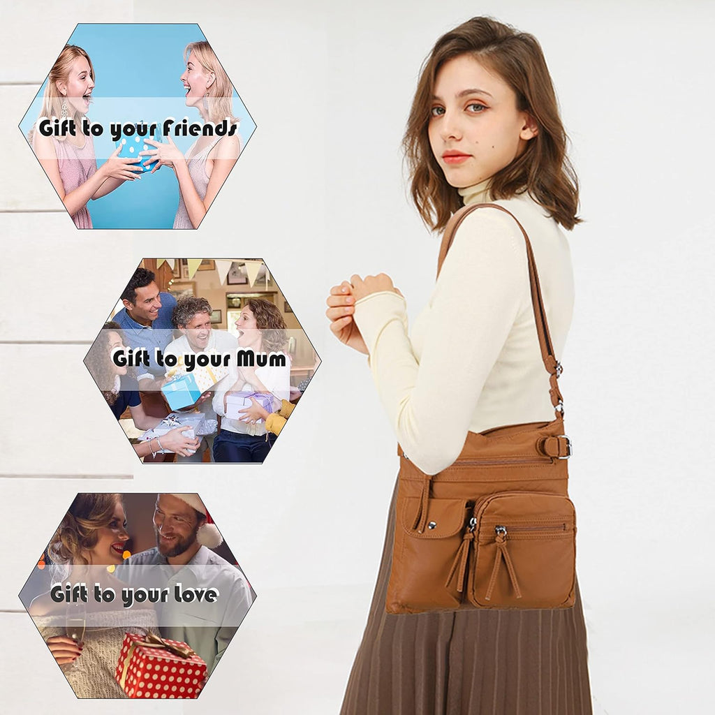 Crossbody Bags for Women Washed Leather Shoulder Bags Multi Pocket Soft Hobo Purses and Medium Handbags