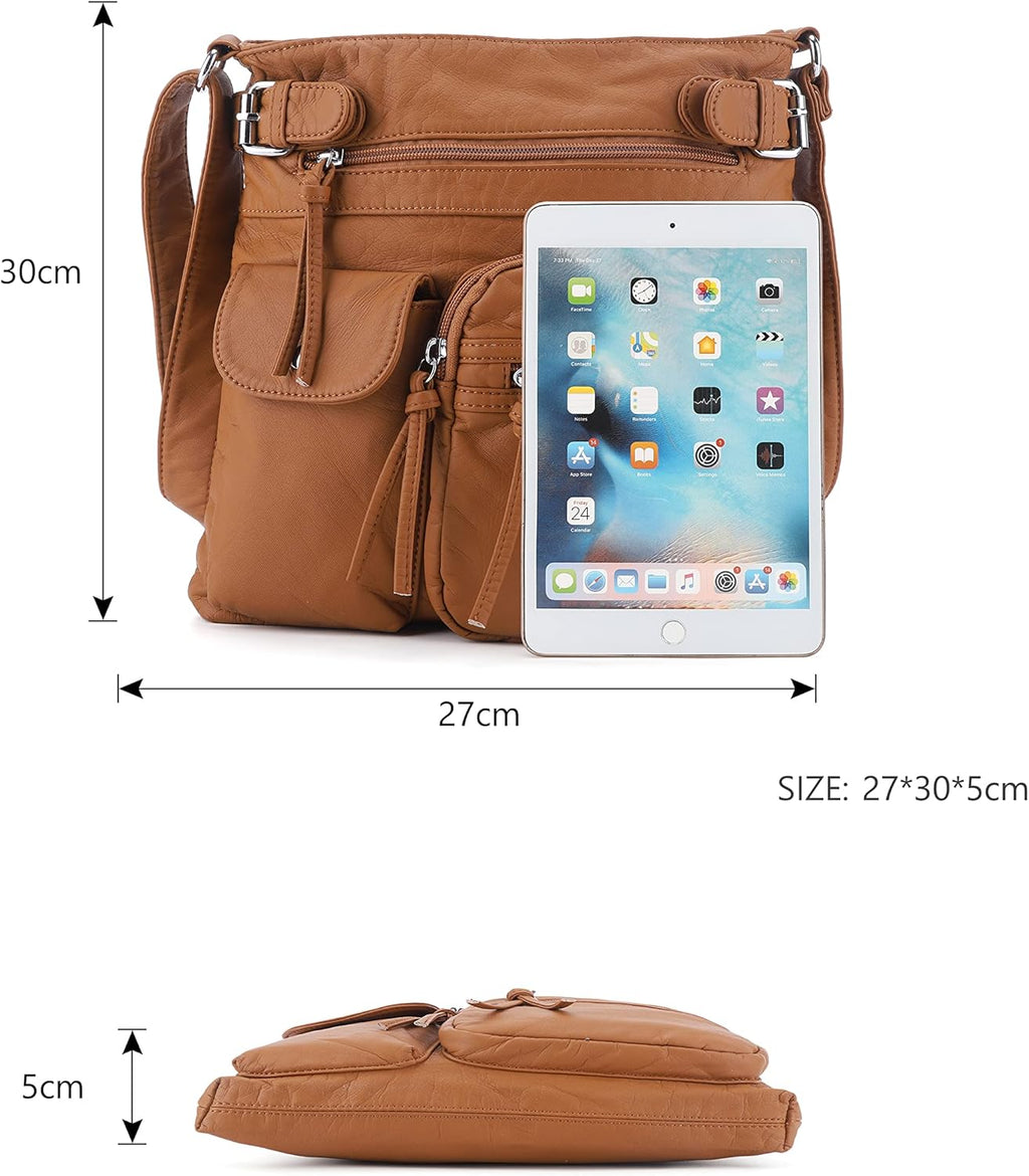 Crossbody Bags for Women Washed Leather Shoulder Bags Multi Pocket Soft Hobo Purses and Medium Handbags