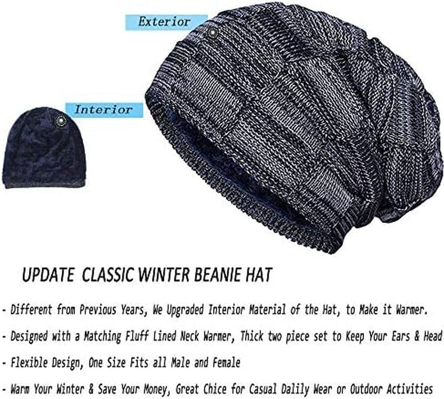 2Pieces Mens Winter Beanie Hat Fleece Lined Scarf Set Knit Warm Thick Skull Cap Neck Warmer for Men & Women