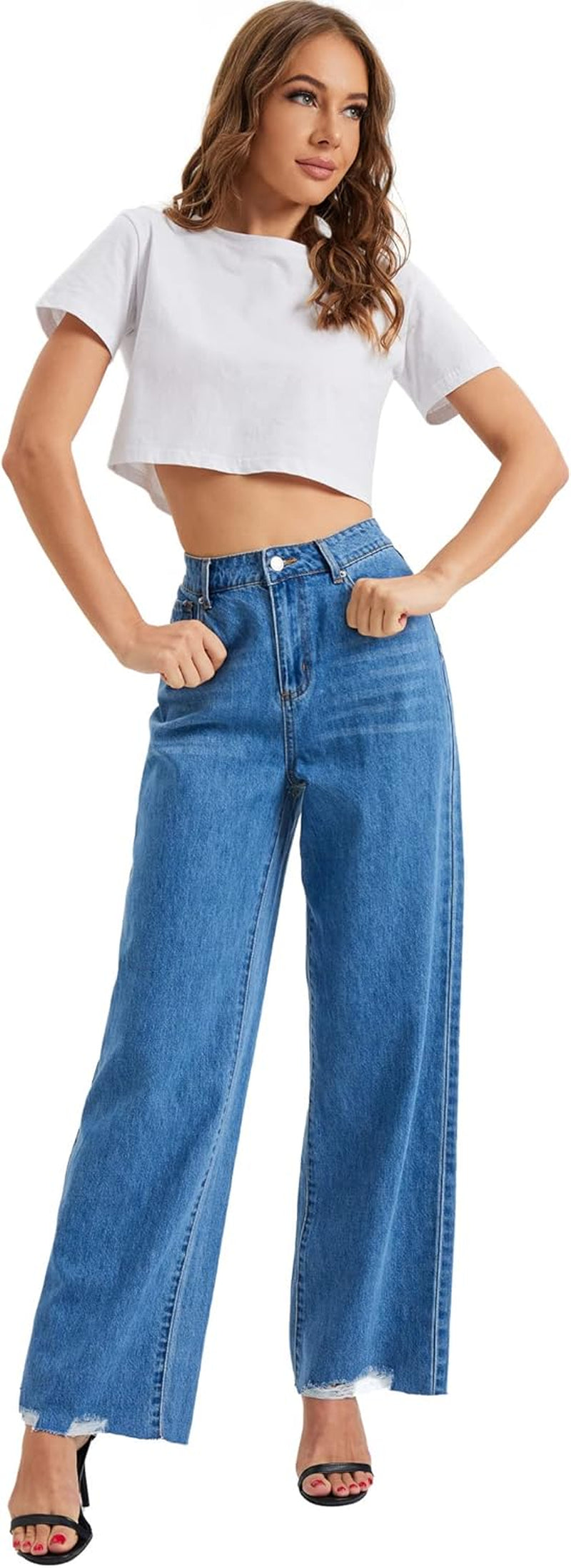 Girl'S Womens Casual Straight Leg Jeans Jeans High Waist Wide Leg Denim Boyfriend Crop Pants