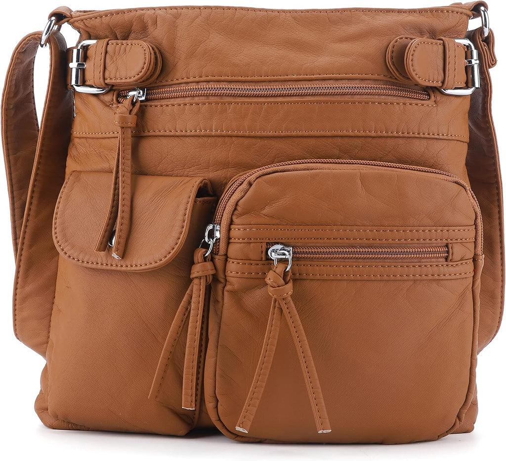 Crossbody Bags for Women Washed Leather Shoulder Bags Multi Pocket Soft Hobo Purses and Medium Handbags