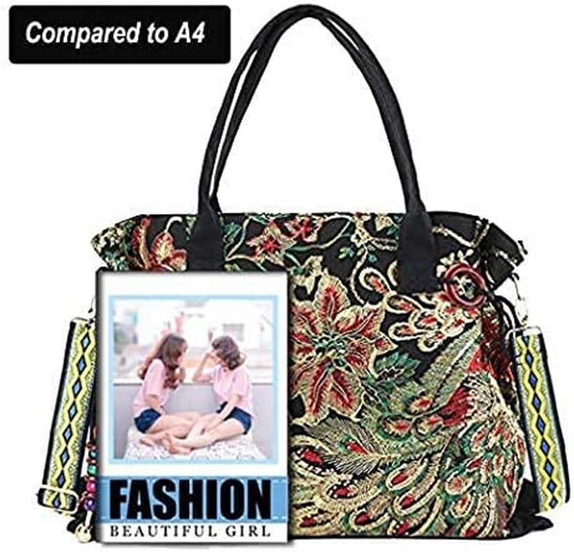 Canavas Shoulder Handbags for Women,Ladies Ethnic Travel Bohemian Bags Tote with Bling Sequins Phoenix Embroidered