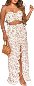 2 Piece Outfits for Women Skirt Sets Summer Two Piece Boho Floral Print Beach Maxi Dress Sexy Crop Tube Top Jumpsuit White L