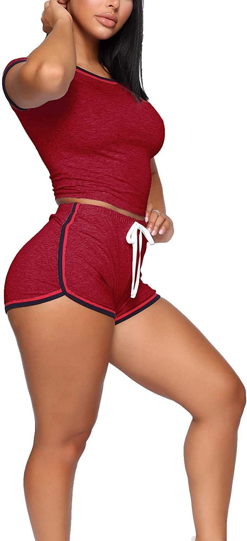 Biker Shorts Sets for Women - Cute Short Sleeve Crop Tops + Skinny Shorts Tracksuit Medium Wine Red