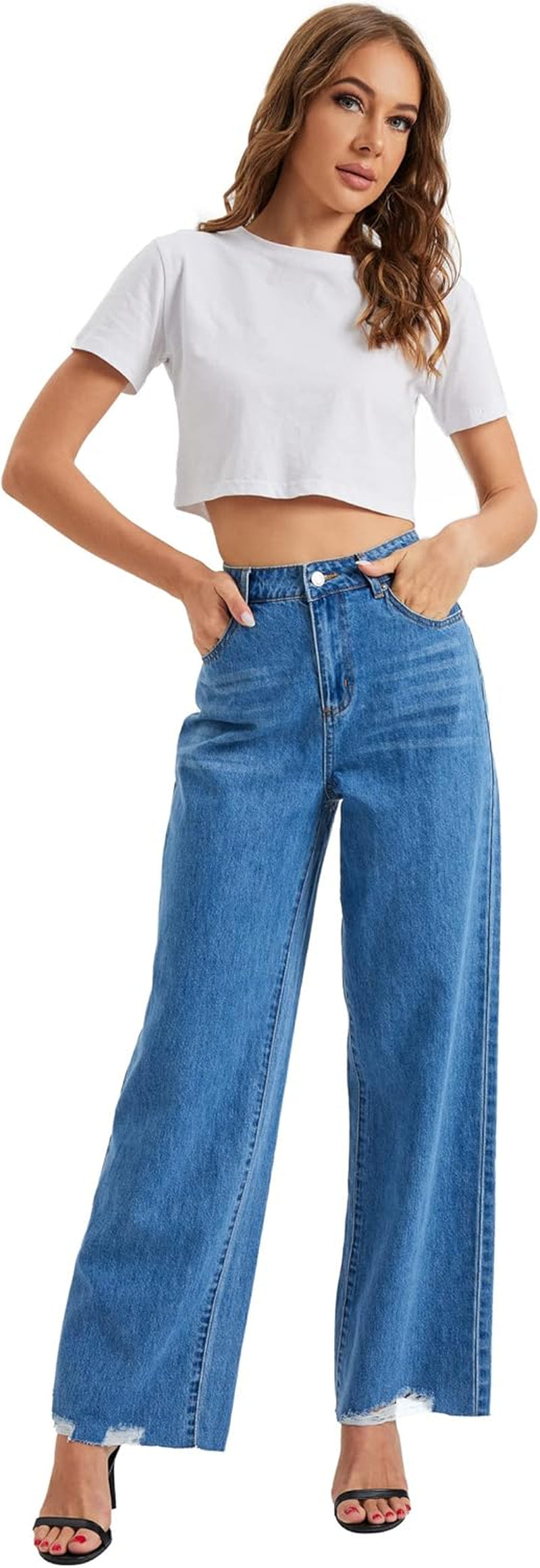 Girl'S Womens Casual Straight Leg Jeans Jeans High Waist Wide Leg Denim Boyfriend Crop Pants
