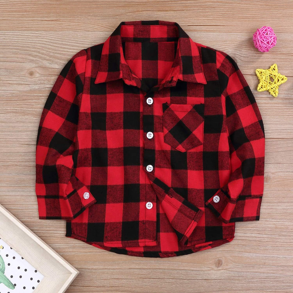 Kids Little Boys Girls Baby Long Sleeve Button down Red Plaid Flannel Shirt Plaid Girl Boy NB-6T