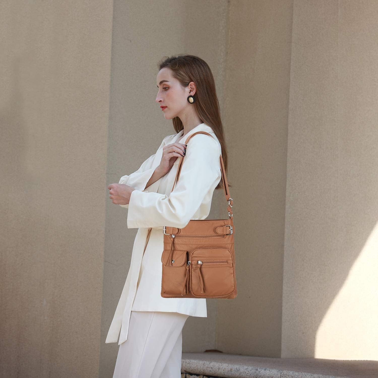 Crossbody Bags for Women Washed Leather Shoulder Bags Multi Pocket Soft Hobo Purses and Medium Handbags