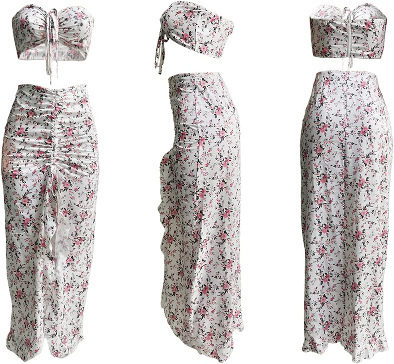 2 Piece Outfits for Women Skirt Sets Summer Two Piece Boho Floral Print Beach Maxi Dress Sexy Crop Tube Top Jumpsuit White L