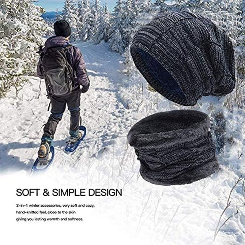 2Pieces Mens Winter Beanie Hat Fleece Lined Scarf Set Knit Warm Thick Skull Cap Neck Warmer for Men & Women