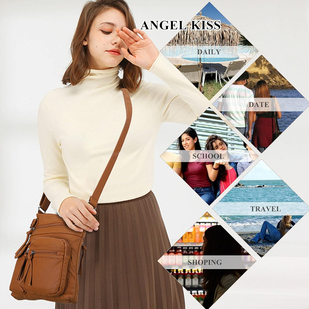 Crossbody Bags for Women Washed Leather Shoulder Bags Multi Pocket Soft Hobo Purses and Medium Handbags