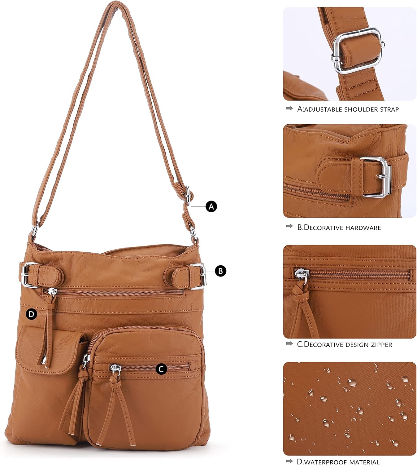 Crossbody Bags for Women Washed Leather Shoulder Bags Multi Pocket Soft Hobo Purses and Medium Handbags