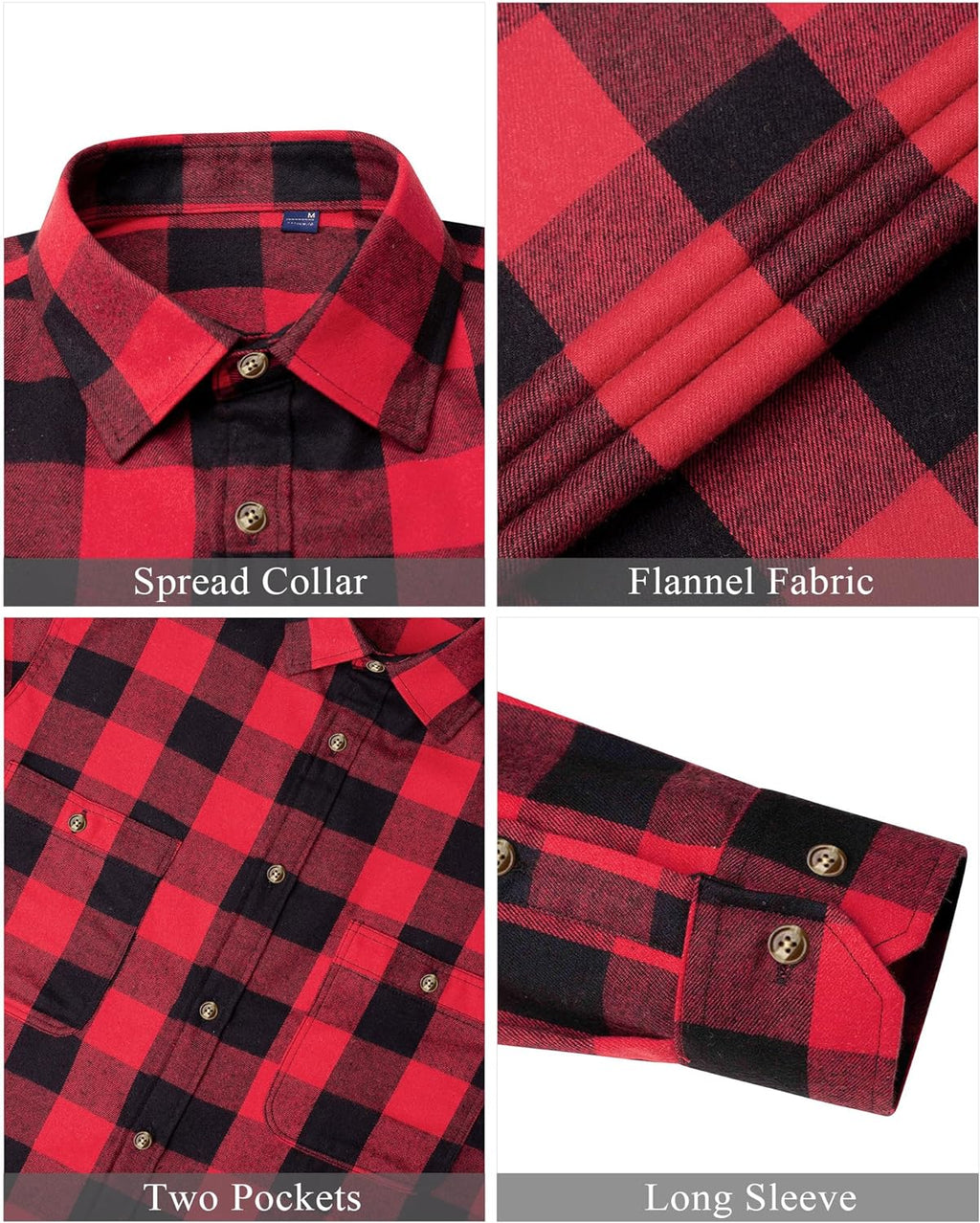 Flannel Shirt for Men Plaid Long Sleeve Casual Button down Shirts Regular Fit Cotton Buffalo Checkered Top with Pockets