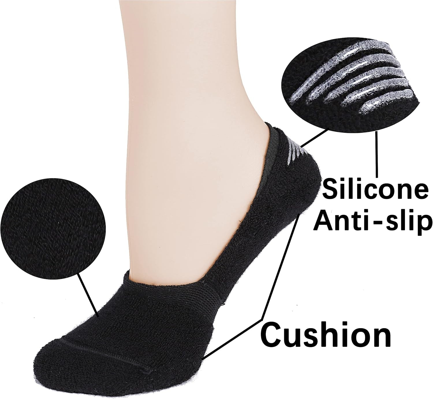 6 Pairs Unisex Thick Cushion Athletic Cotton Non Slip Low Cut Flat Liner No Show Socks